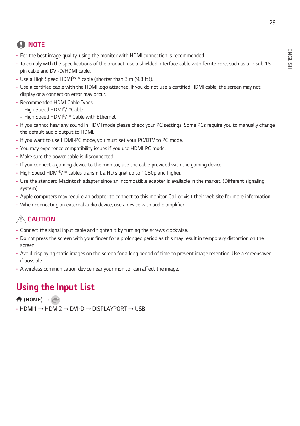 Using the input list, Caution | LG VL5G-M 49" Full HD IPS LED Video Wall Display User Manual | Page 29 / 37