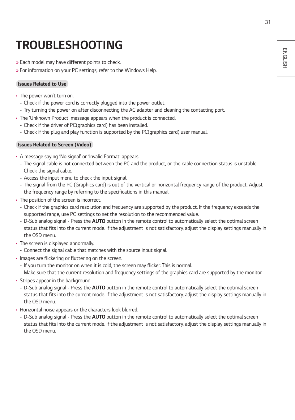 Troubleshooting | LG VL5G-M 49" Full HD IPS LED Video Wall Display User Manual | Page 31 / 37