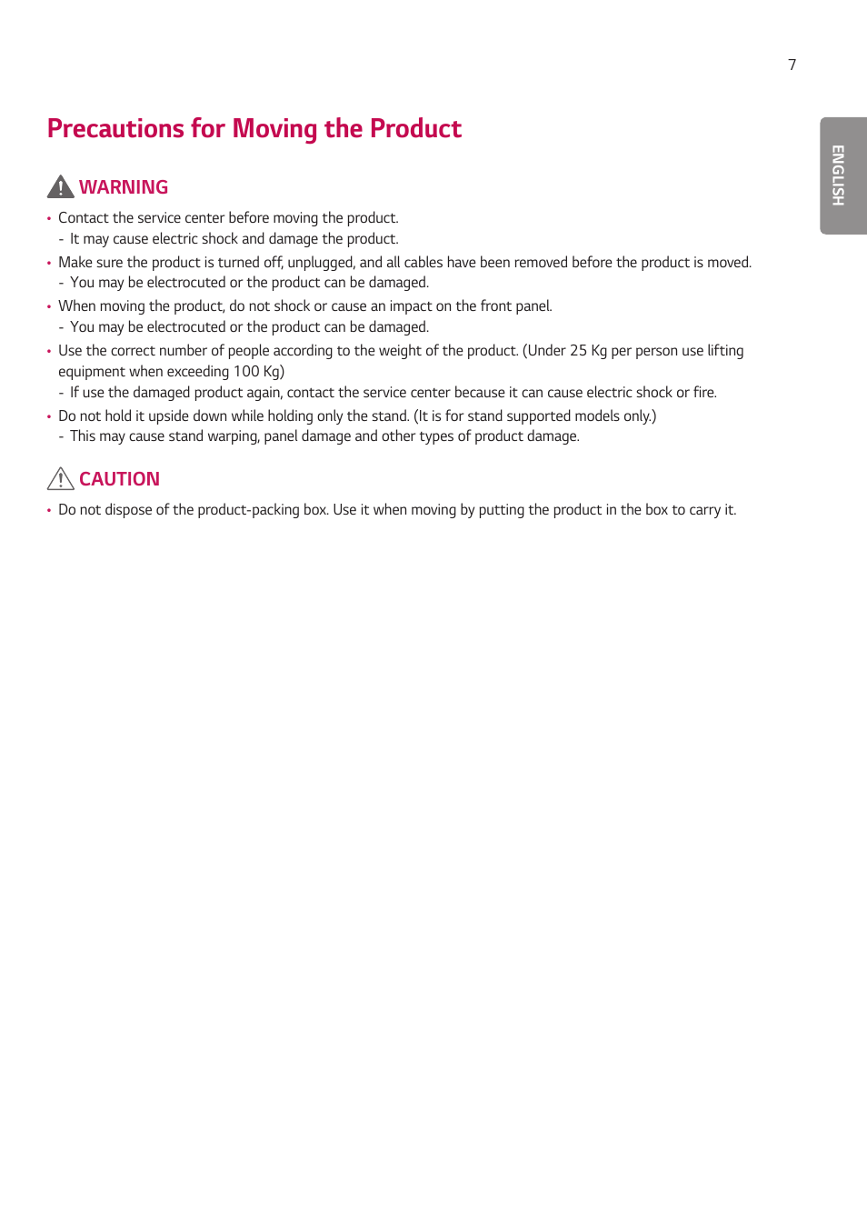 Precautions for moving the product | LG 55TC3CG-H 55" 4K UHD HDR Touchscreen Commercial Monitor User Manual | Page 43 / 153