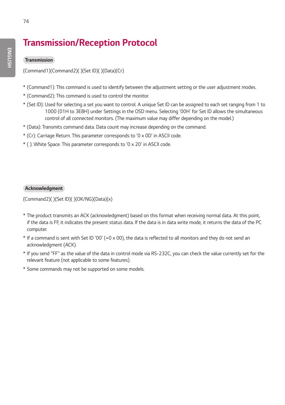 Transmission/reception protocol | LG BH5F-M 86" 4K UHD Ultra-Stretch Digital Signage Commercial Monitor User Manual | Page 109 / 134