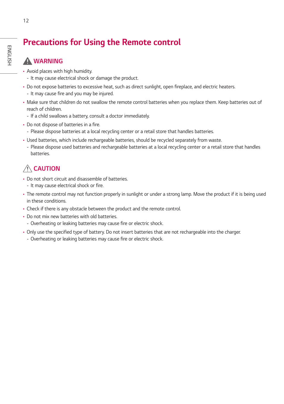 Precautions for using the remote control, Warning, Caution | LG BH5F-M 86" 4K UHD Ultra-Stretch Digital Signage Commercial Monitor User Manual | Page 12 / 134