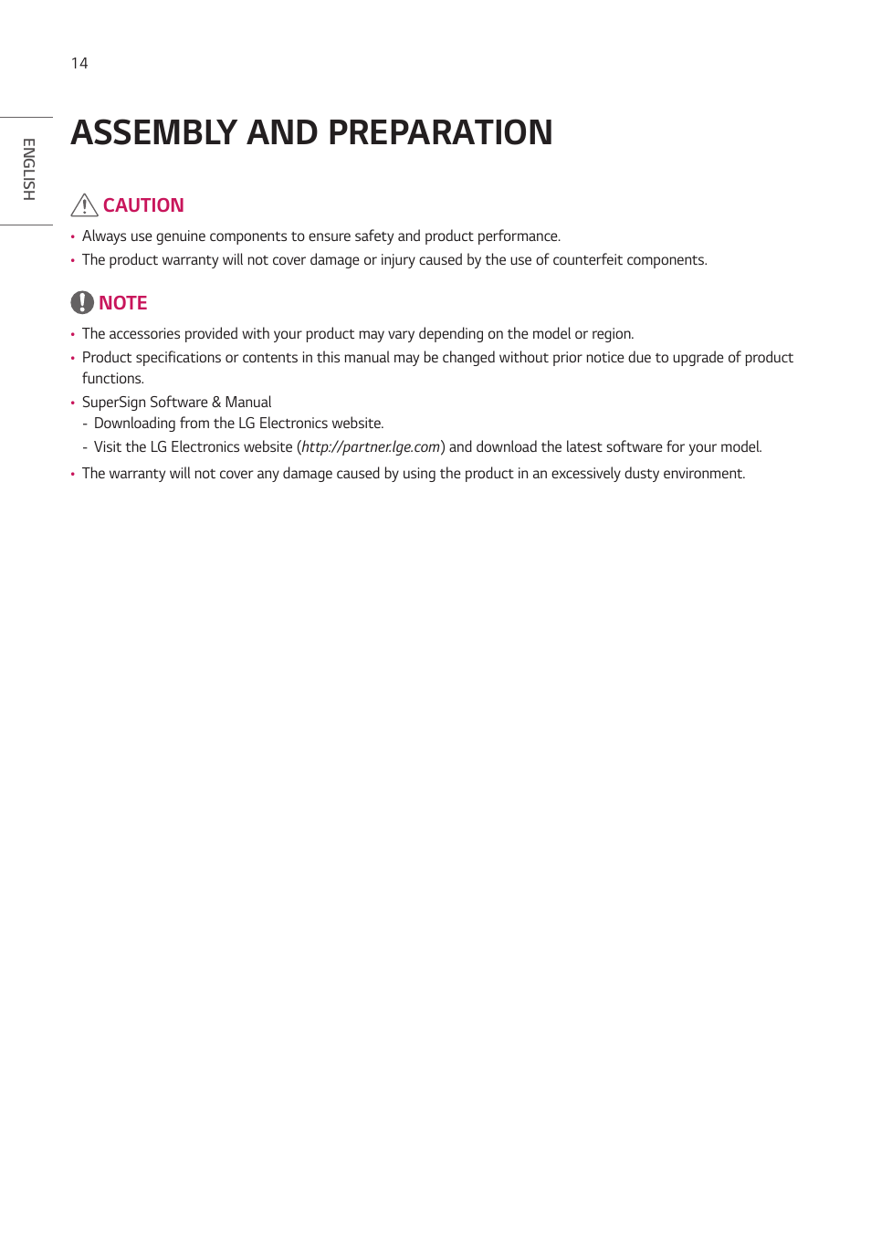 Assembly and preparation, Assembly and preparation 14 | LG BH5F-M 86" 4K UHD Ultra-Stretch Digital Signage Commercial Monitor User Manual | Page 14 / 134