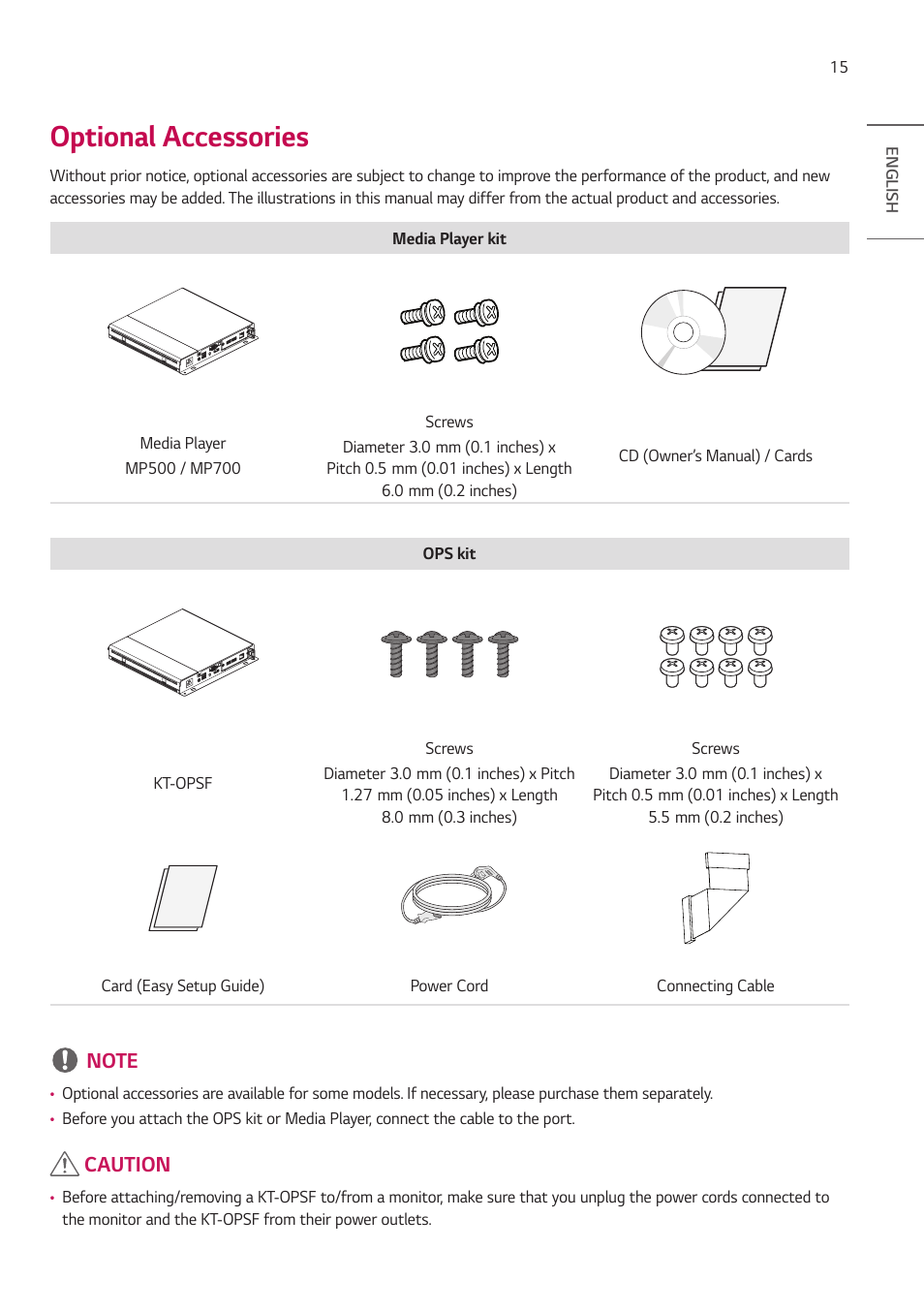 Optional accessories | LG BH5F-M 86" 4K UHD Ultra-Stretch Digital Signage Commercial Monitor User Manual | Page 15 / 134