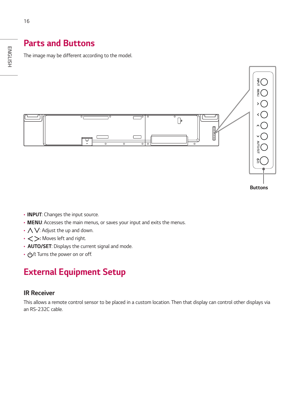 Parts and buttons, External equipment setup, Ir receiver | LG BH5F-M 86" 4K UHD Ultra-Stretch Digital Signage Commercial Monitor User Manual | Page 16 / 134