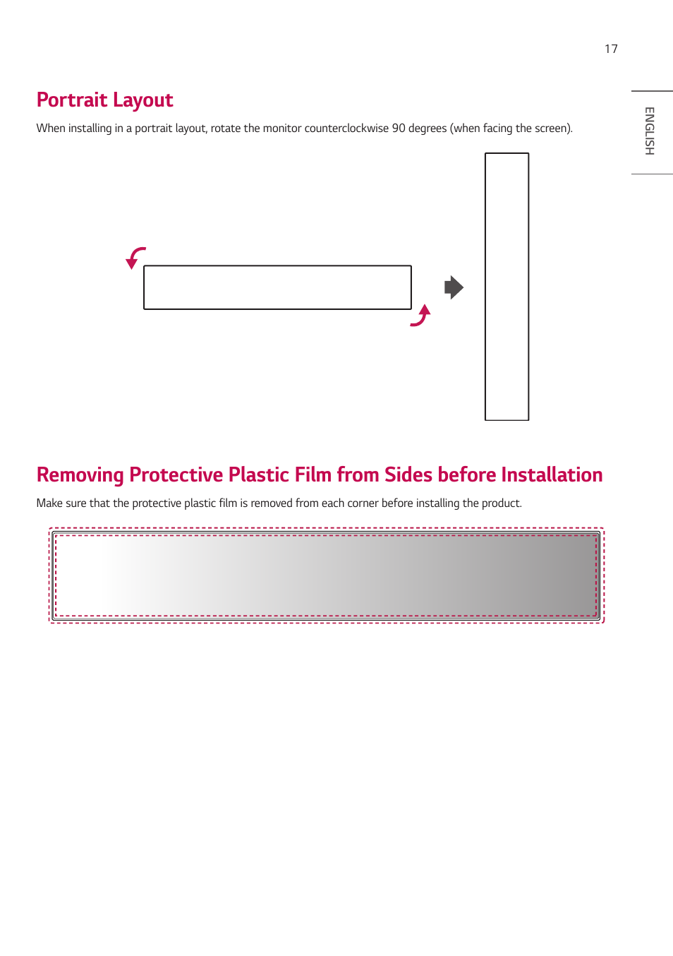 Portrait layout, Removing protective plastic film from sides, Before installation | LG BH5F-M 86" 4K UHD Ultra-Stretch Digital Signage Commercial Monitor User Manual | Page 17 / 134