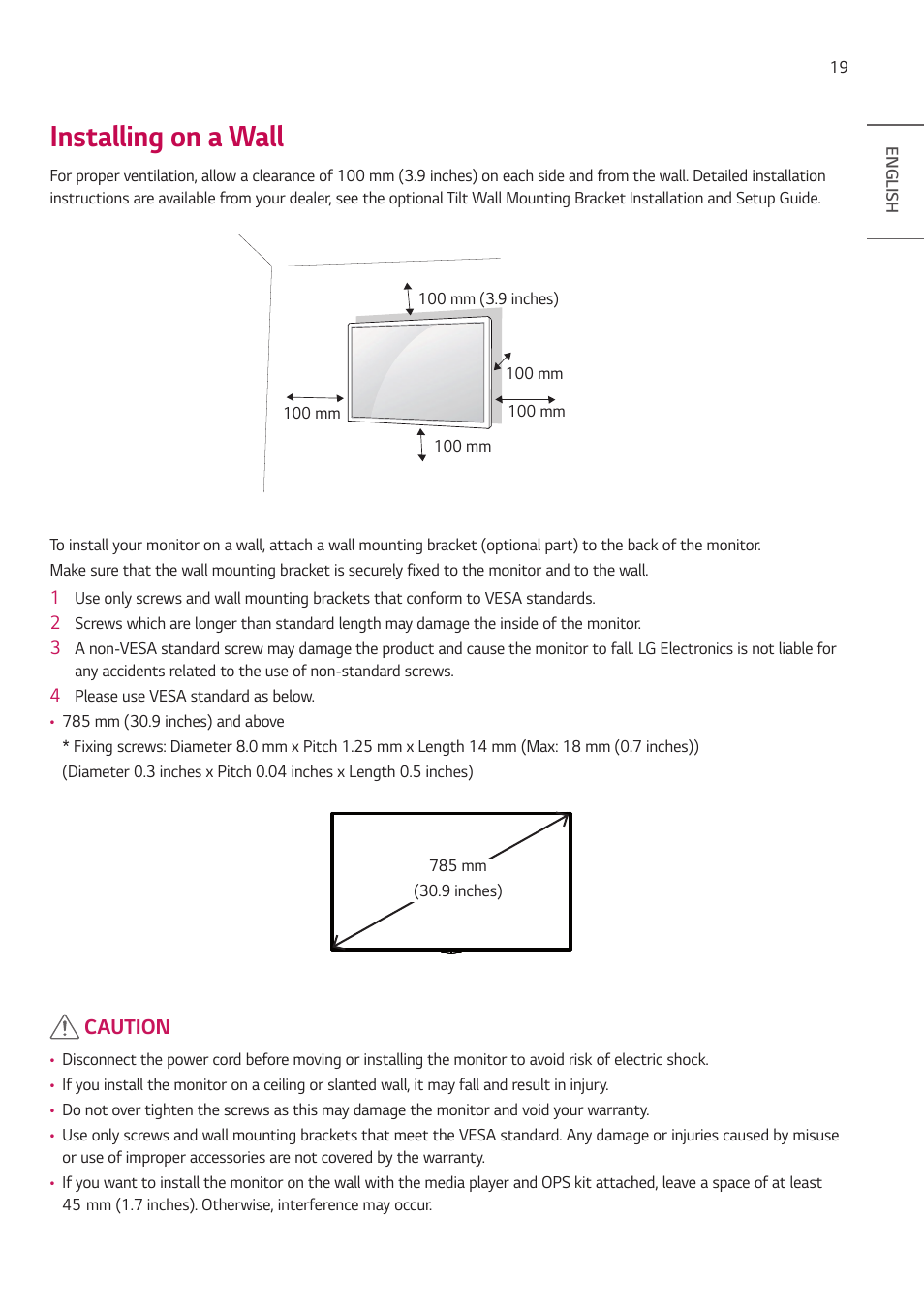 Installing on a wall | LG BH5F-M 86" 4K UHD Ultra-Stretch Digital Signage Commercial Monitor User Manual | Page 19 / 134