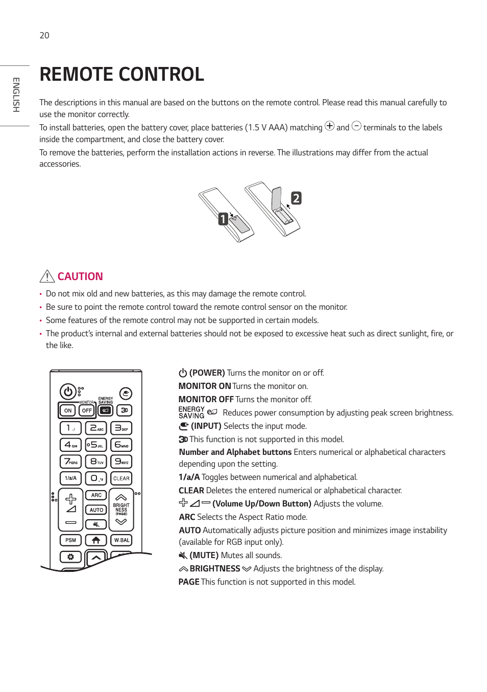 Remote control, Caution | LG BH5F-M 86" 4K UHD Ultra-Stretch Digital Signage Commercial Monitor User Manual | Page 20 / 134