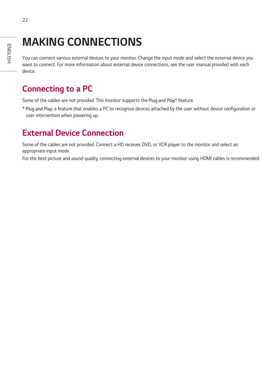 Making connections, Connecting to a pc, External device connection | LG BH5F-M 86" 4K UHD Ultra-Stretch Digital Signage Commercial Monitor User Manual | Page 22 / 134