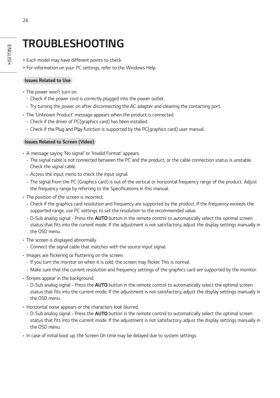 Troubleshooting | LG BH5F-M 86" 4K UHD Ultra-Stretch Digital Signage Commercial Monitor User Manual | Page 26 / 134