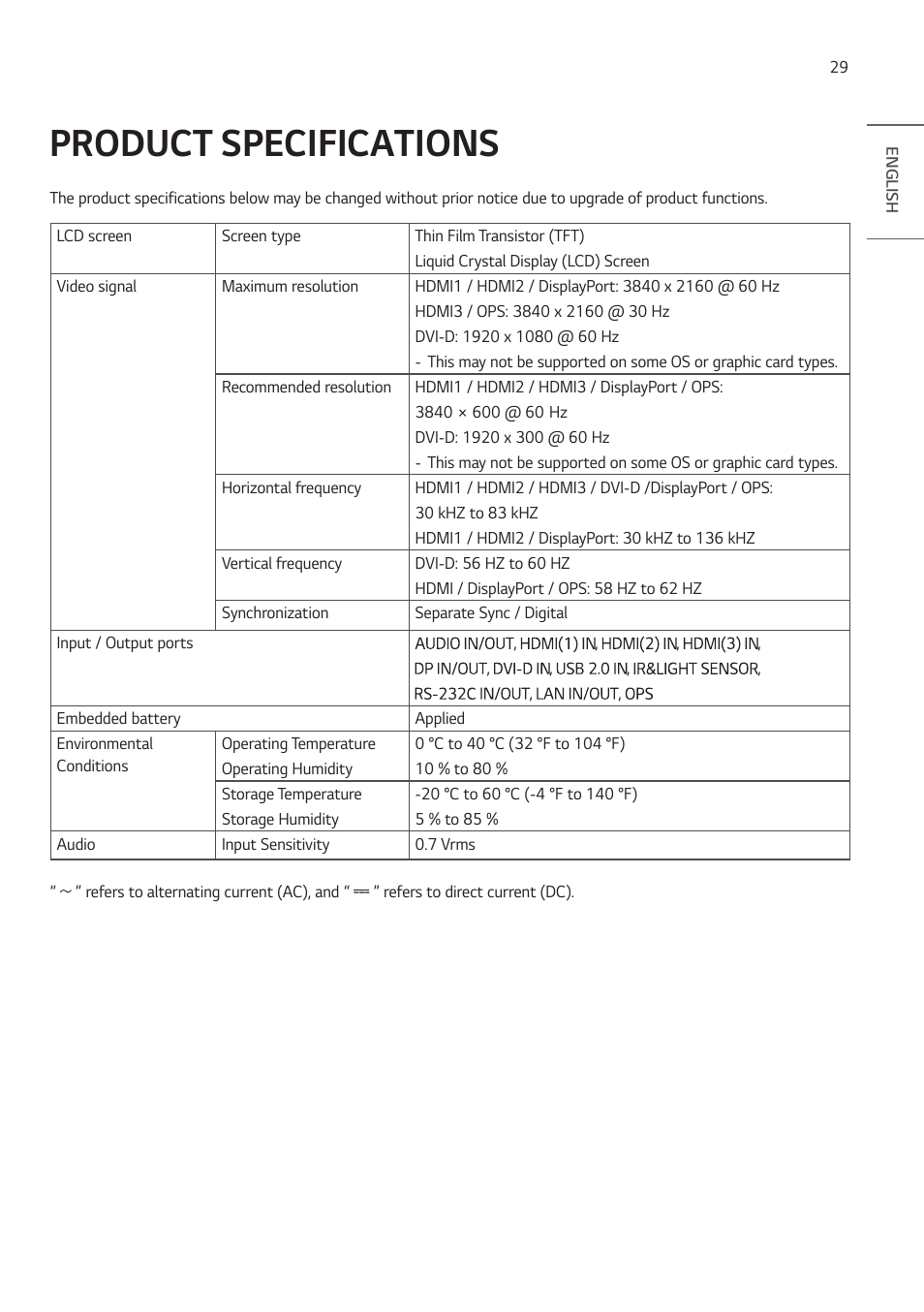 Product specifications | LG BH5F-M 86" 4K UHD Ultra-Stretch Digital Signage Commercial Monitor User Manual | Page 29 / 134