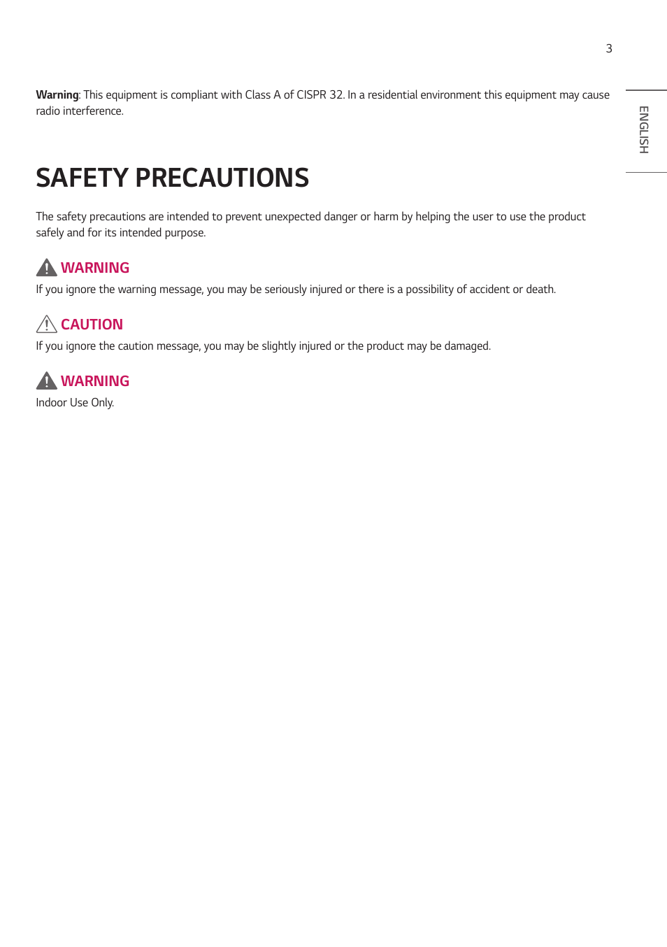 Safety precautions | LG BH5F-M 86" 4K UHD Ultra-Stretch Digital Signage Commercial Monitor User Manual | Page 3 / 134