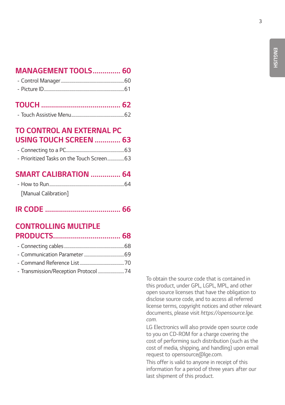 Management tools, Touch, Smart calibration | Ir code controlling multiple products | LG BH5F-M 86" 4K UHD Ultra-Stretch Digital Signage Commercial Monitor User Manual | Page 38 / 134