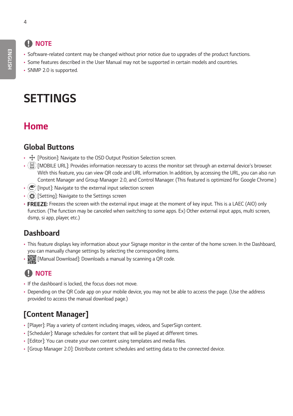 Settings, Home, Global buttons | Dashboard, Content manager, Global buttons dashboard [content manager | LG BH5F-M 86" 4K UHD Ultra-Stretch Digital Signage Commercial Monitor User Manual | Page 39 / 134