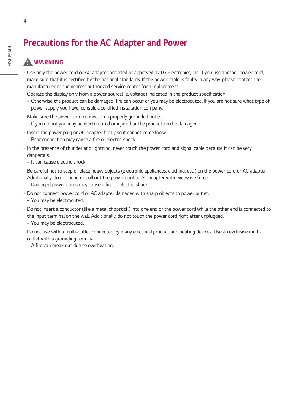 Precautions for the ac adapter and power, Warning | LG BH5F-M 86" 4K UHD Ultra-Stretch Digital Signage Commercial Monitor User Manual | Page 4 / 134