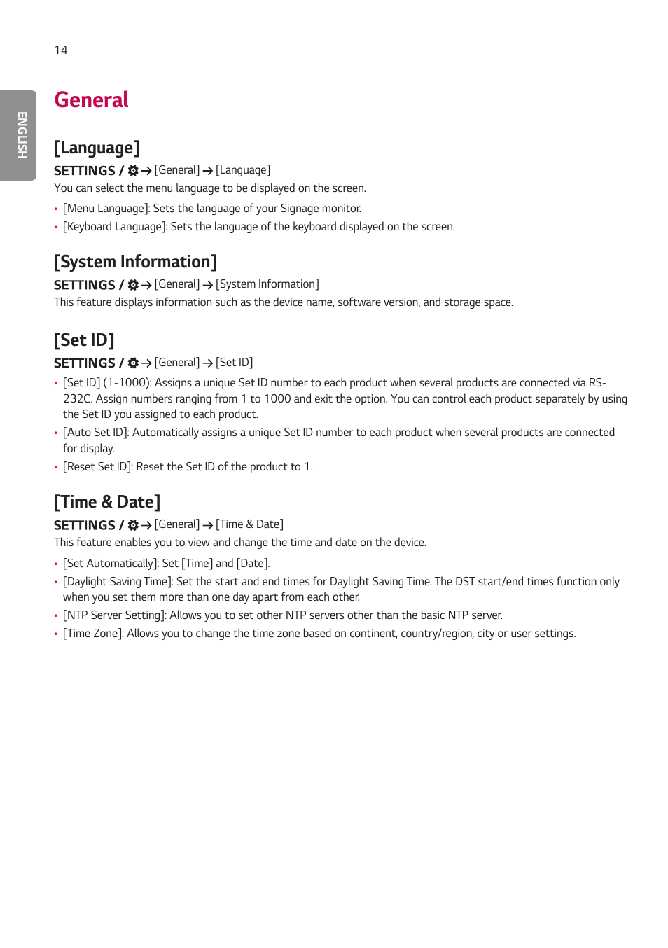 General, Language, System information | Set id, Time & date | LG BH5F-M 86" 4K UHD Ultra-Stretch Digital Signage Commercial Monitor User Manual | Page 49 / 134