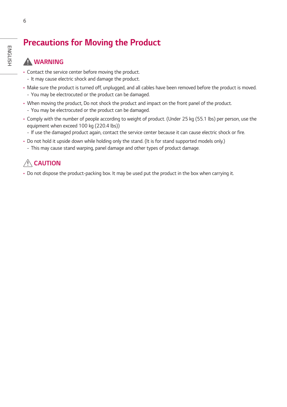 Precautions for moving the product | LG BH5F-M 86" 4K UHD Ultra-Stretch Digital Signage Commercial Monitor User Manual | Page 6 / 134