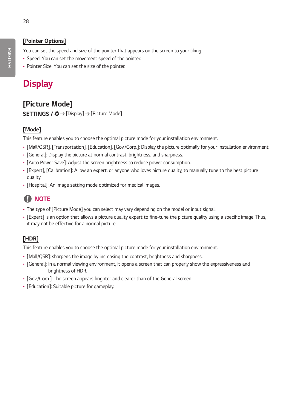 Display, Picture mode | LG BH5F-M 86" 4K UHD Ultra-Stretch Digital Signage Commercial Monitor User Manual | Page 63 / 134