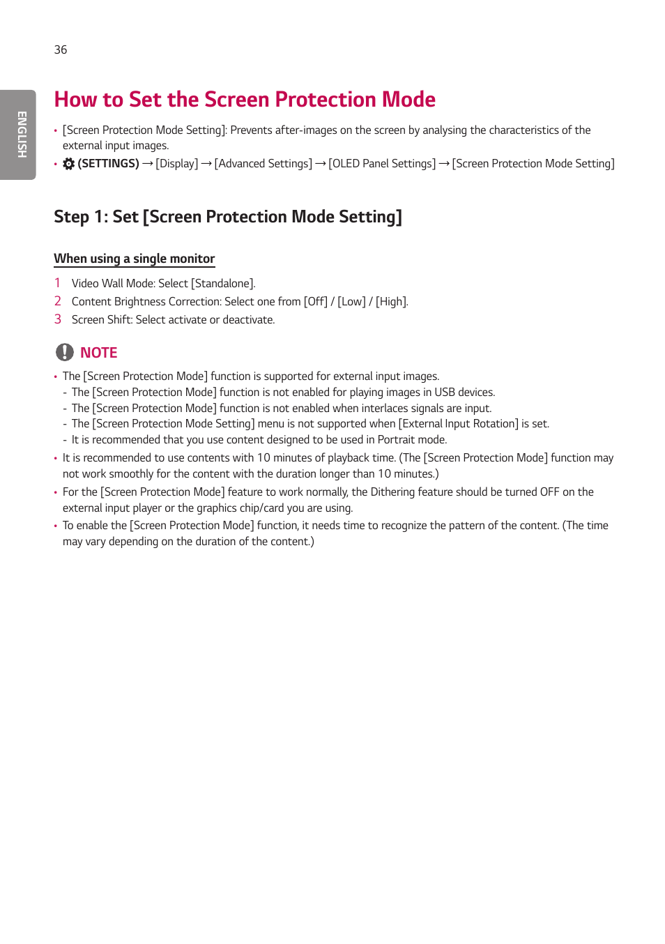 How to set the screen protection mode, Step 1: set [screen protection mode setting | LG BH5F-M 86" 4K UHD Ultra-Stretch Digital Signage Commercial Monitor User Manual | Page 71 / 134