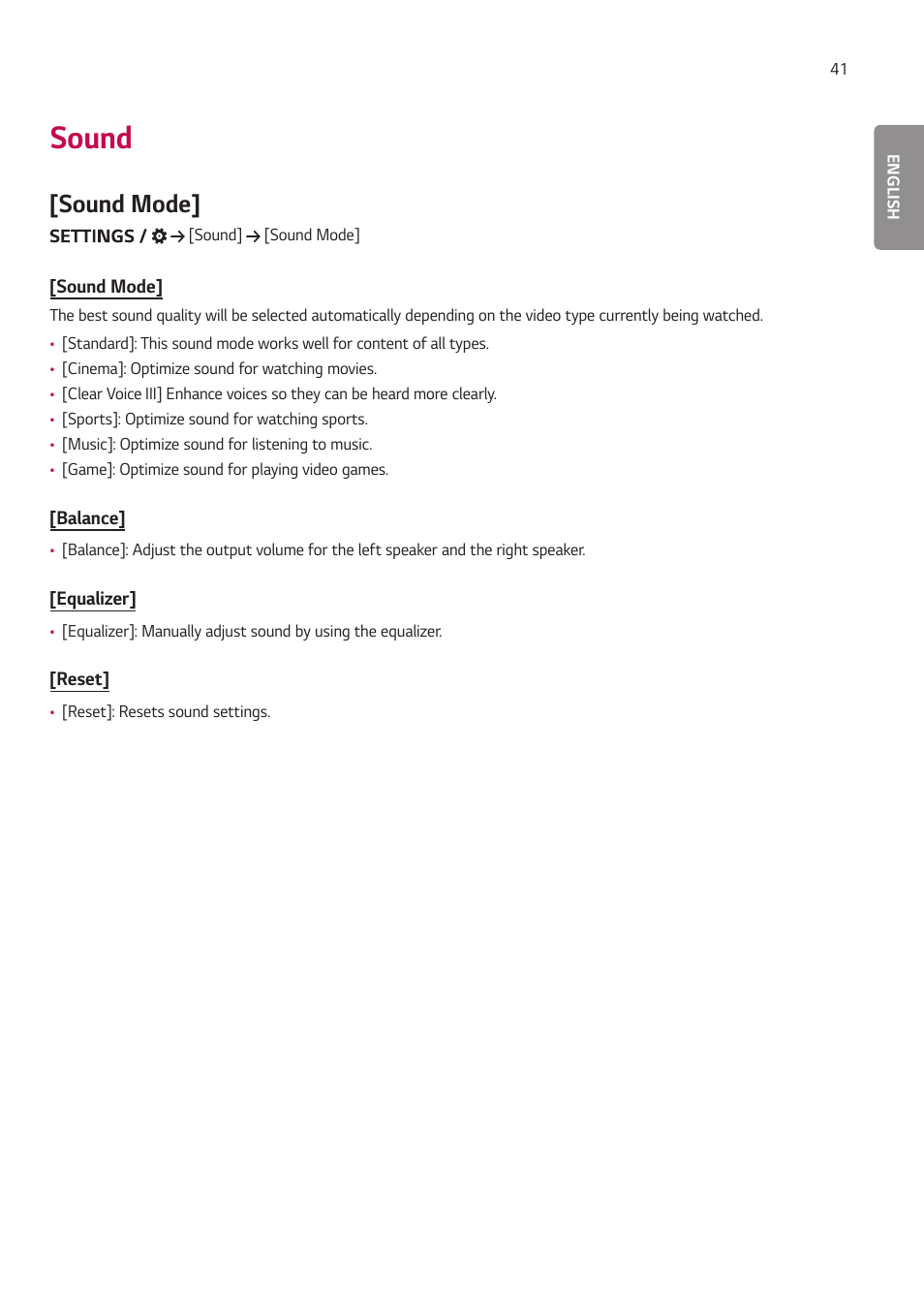 Sound, Sound mode | LG BH5F-M 86" 4K UHD Ultra-Stretch Digital Signage Commercial Monitor User Manual | Page 76 / 134