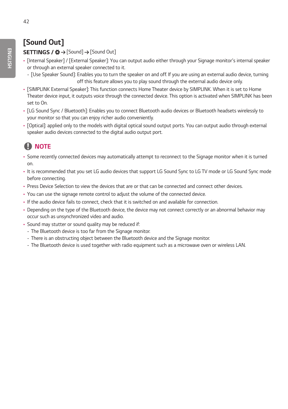 Sound out | LG BH5F-M 86" 4K UHD Ultra-Stretch Digital Signage Commercial Monitor User Manual | Page 77 / 134