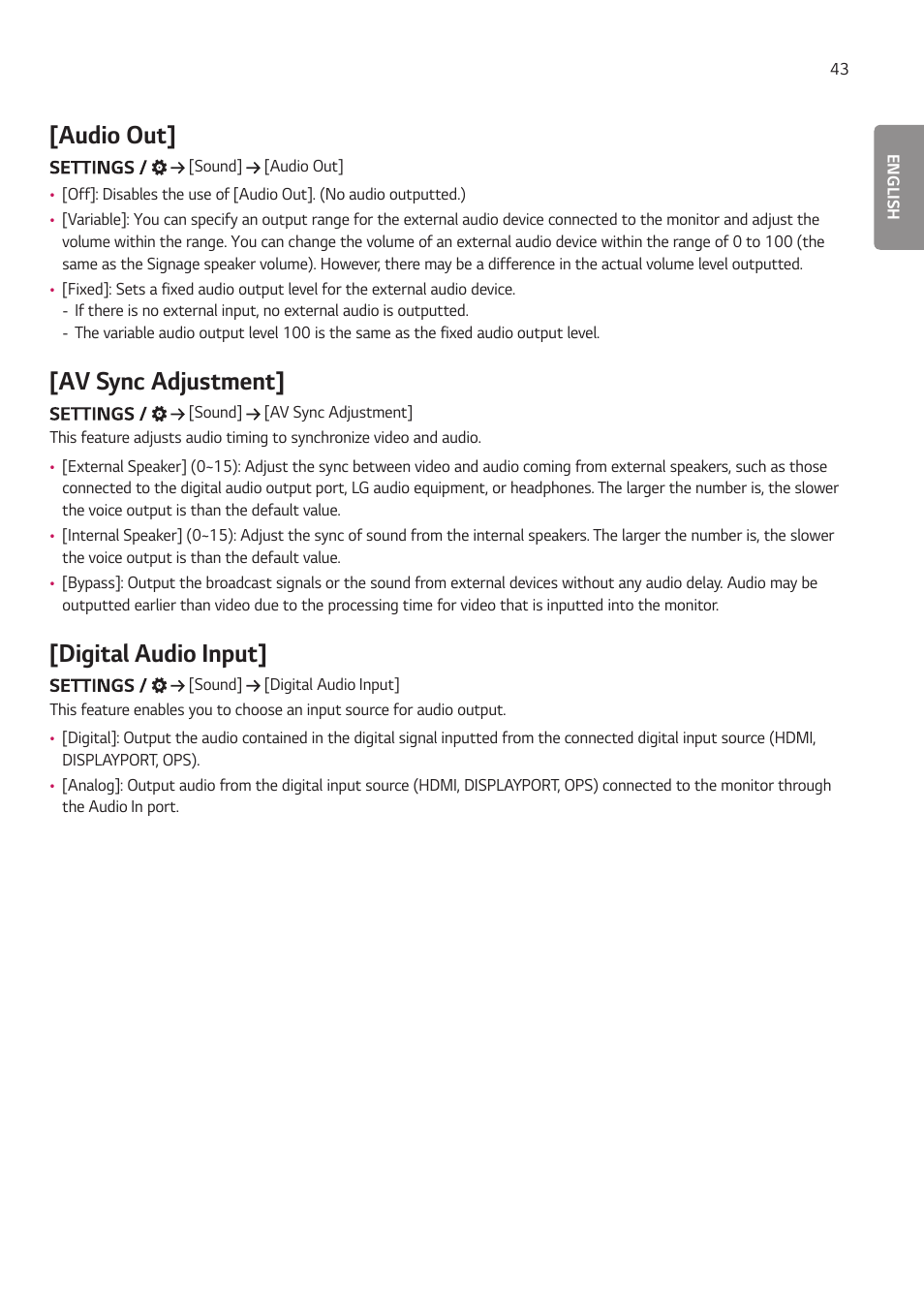 Audio out, Av sync adjustment, Digital audio input | LG BH5F-M 86" 4K UHD Ultra-Stretch Digital Signage Commercial Monitor User Manual | Page 78 / 134