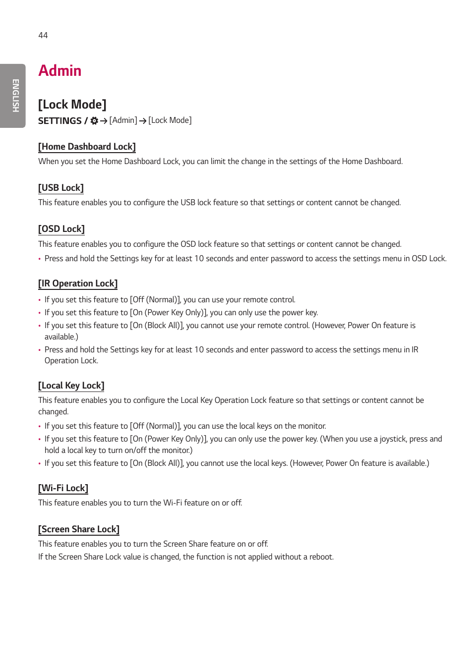 Admin, Lock mode | LG BH5F-M 86" 4K UHD Ultra-Stretch Digital Signage Commercial Monitor User Manual | Page 79 / 134