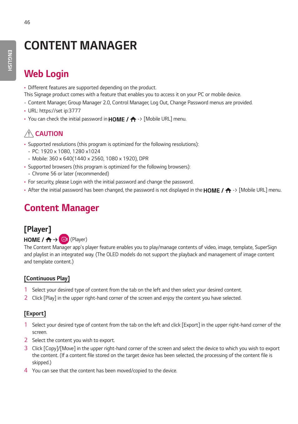 Content manager, Web login, Player | LG BH5F-M 86" 4K UHD Ultra-Stretch Digital Signage Commercial Monitor User Manual | Page 81 / 134