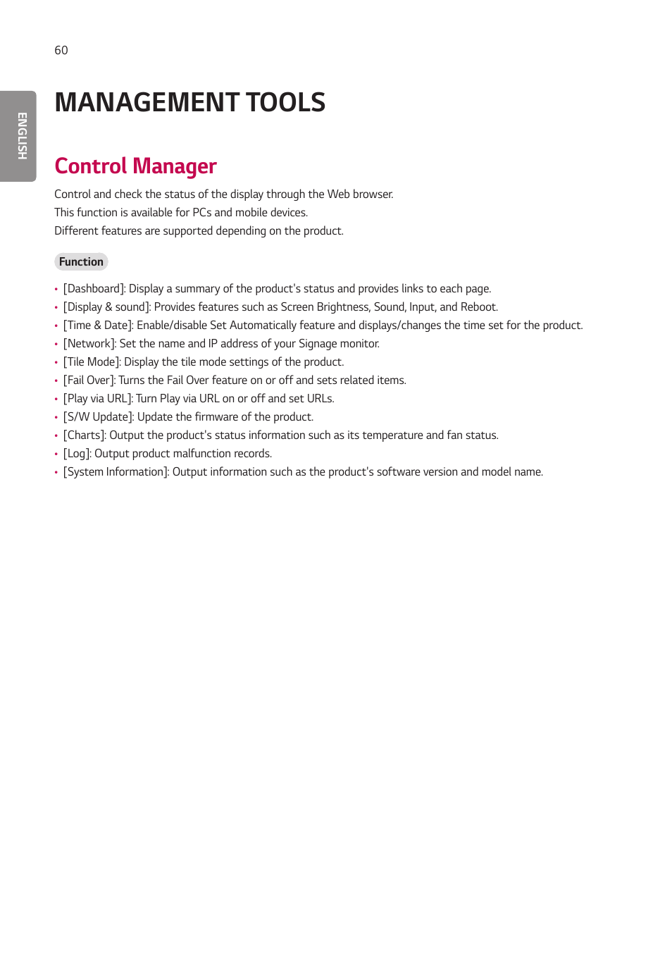 Management tools, Control manager | LG BH5F-M 86" 4K UHD Ultra-Stretch Digital Signage Commercial Monitor User Manual | Page 95 / 134