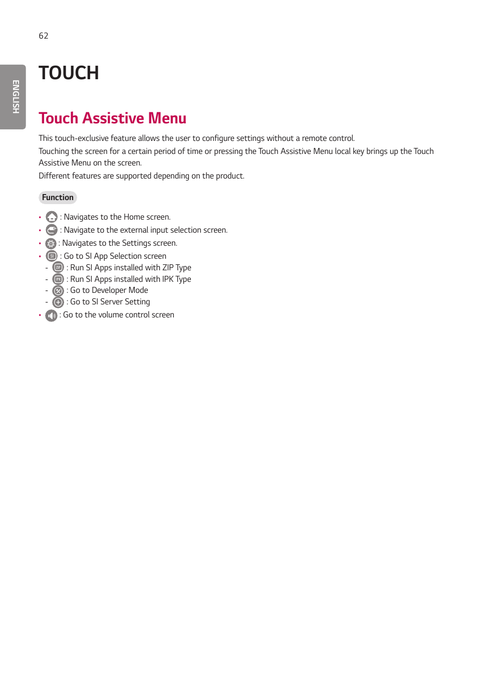 Touch, Touch assistive menu | LG BH5F-M 86" 4K UHD Ultra-Stretch Digital Signage Commercial Monitor User Manual | Page 97 / 134