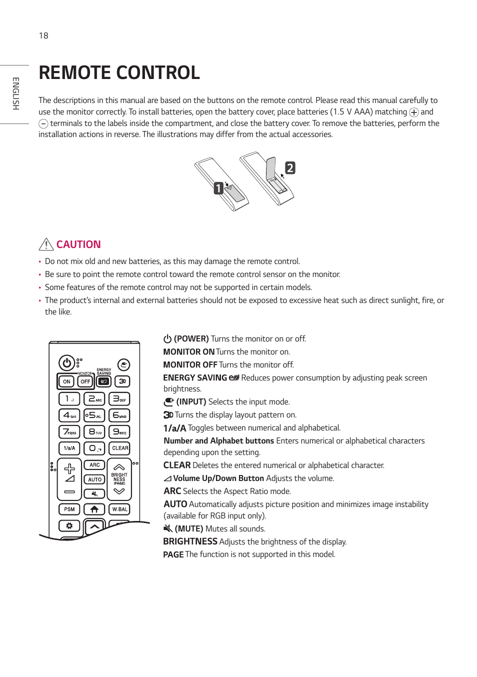 Remote control, Caution | LG LAA015F130 130" Full HD HDR Video Wall Bundle (TAA Compliant) User Manual | Page 18 / 121