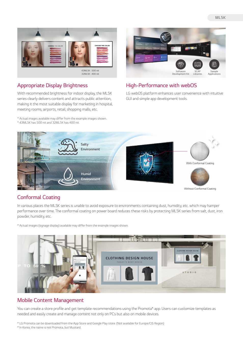 Appropriate display brightness, Conformal coating | LG ML5K-B Series 32" Class Full HD Commercial Monitor User Manual | Page 2 / 3