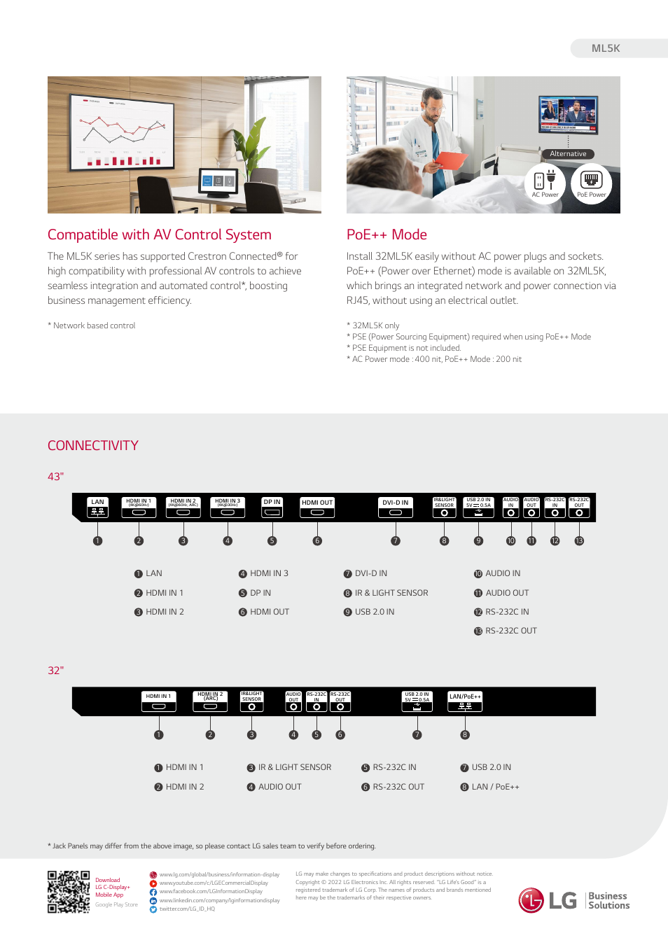 Compatible with av control system poe++ mode, Connectivity, Ml5k | LG ML5K-B Series 32" Class Full HD Commercial Monitor User Manual | Page 3 / 3