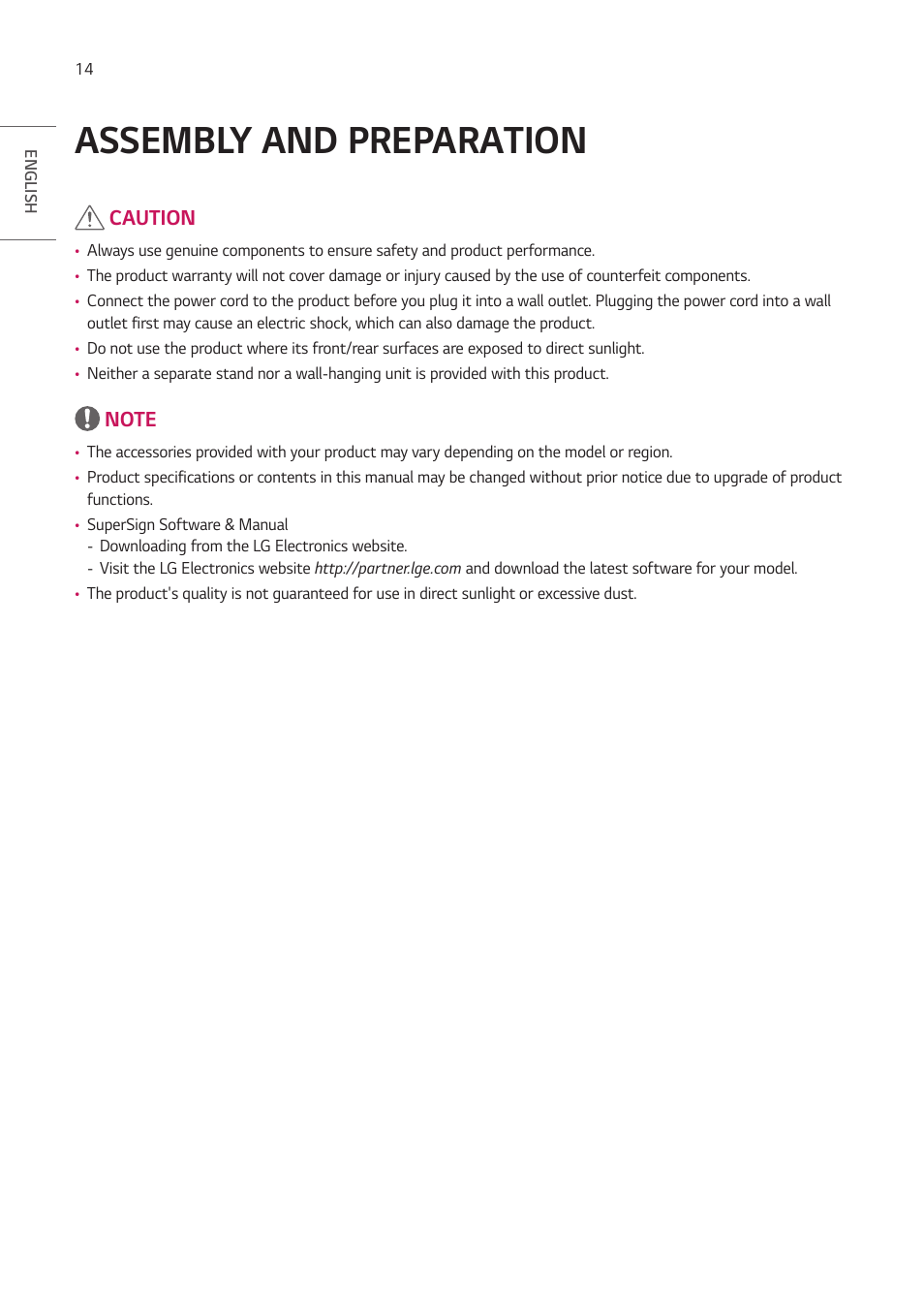 Assembly and preparation, Assembly and preparation 14, Caution | LG EW5G-V Series 55" Full HD Transparent OLED Signage Display User Manual | Page 14 / 131