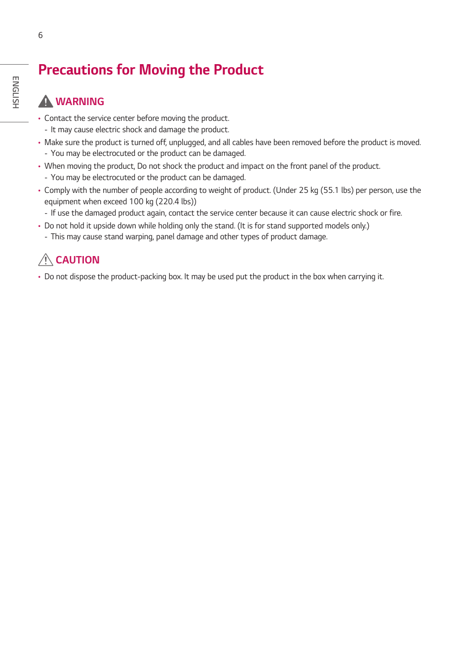 Precautions for moving the product, Warning, Caution | LG EW5G-V Series 55" Full HD Transparent OLED Signage Display User Manual | Page 6 / 131