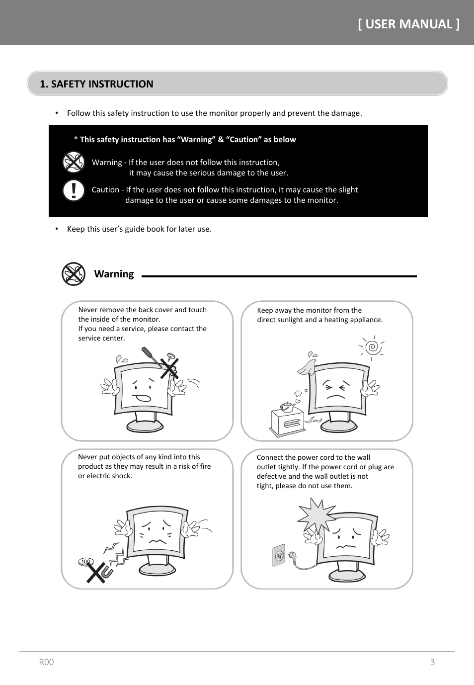 User manual, Safety instruction, Warning | Orion Images R4N49NNU 48.5" 4K UHD Video Wall Display User Manual | Page 3 / 35