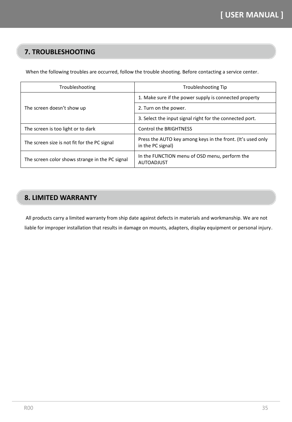 User manual, Troubleshooting, Limited warranty | Orion Images R4N49NNU 48.5" 4K UHD Video Wall Display User Manual | Page 35 / 35