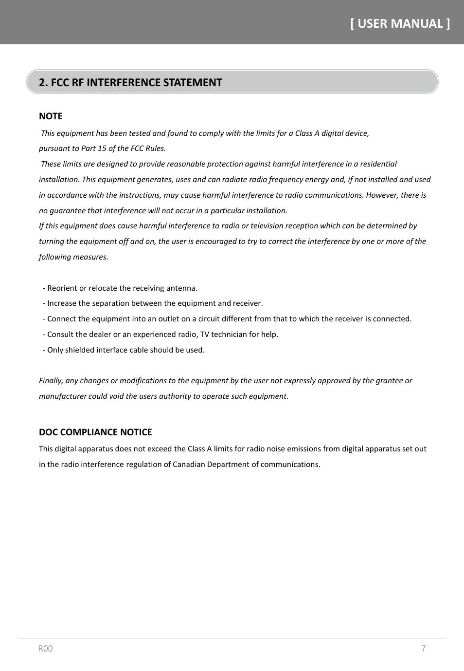 User manual, Fcc rf interference statement | Orion Images R4N49NNU 48.5" 4K UHD Video Wall Display User Manual | Page 7 / 35