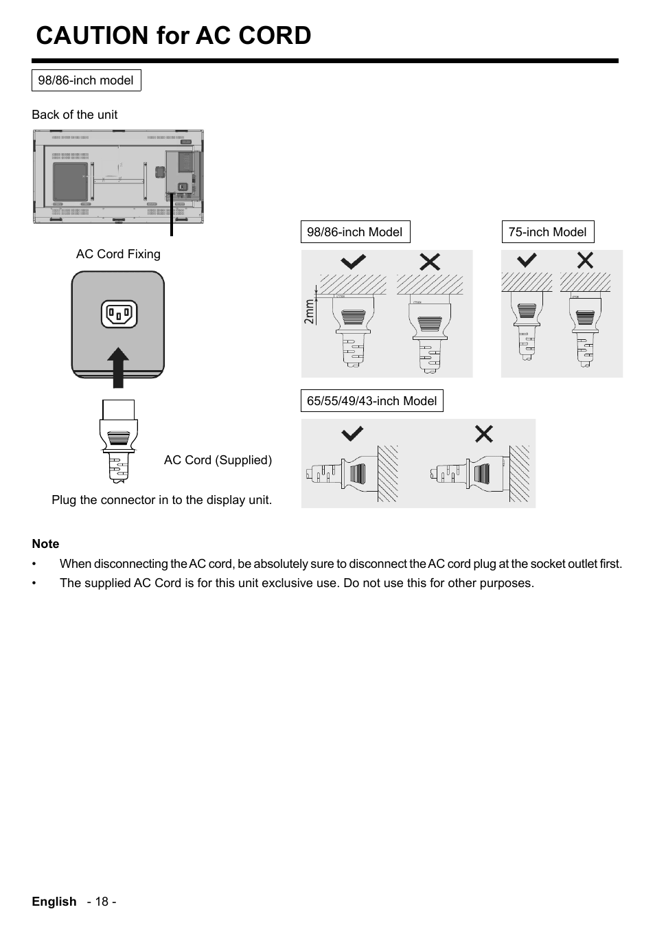 Caution for ac cord | Panasonic TH-86CQE1W 86" Class 4K UHD Commercial Monitor User Manual | Page 19 / 31