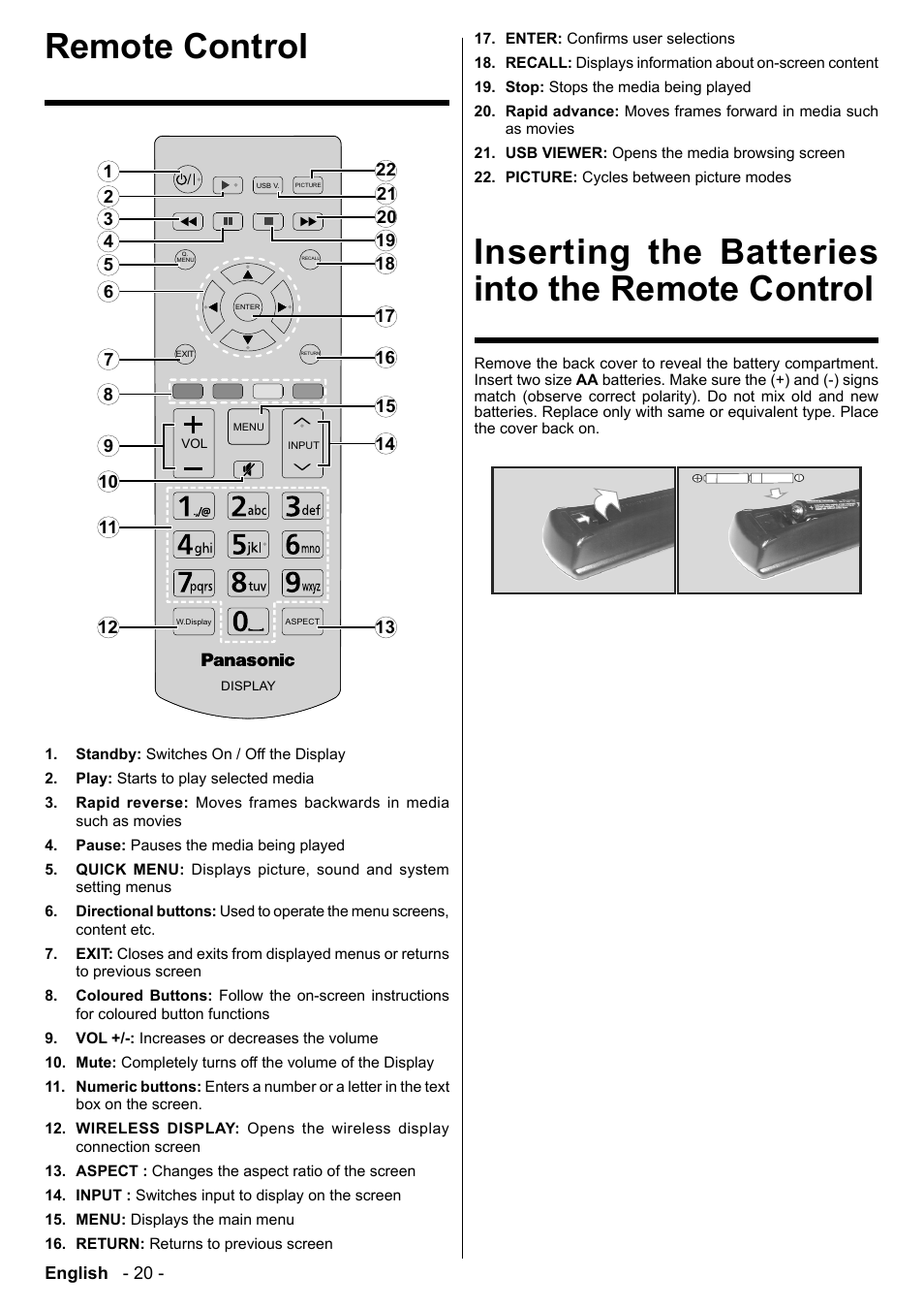 Remote control, Inserting the batteries into the remote control | Panasonic TH-86CQE1W 86" Class 4K UHD Commercial Monitor User Manual | Page 21 / 31