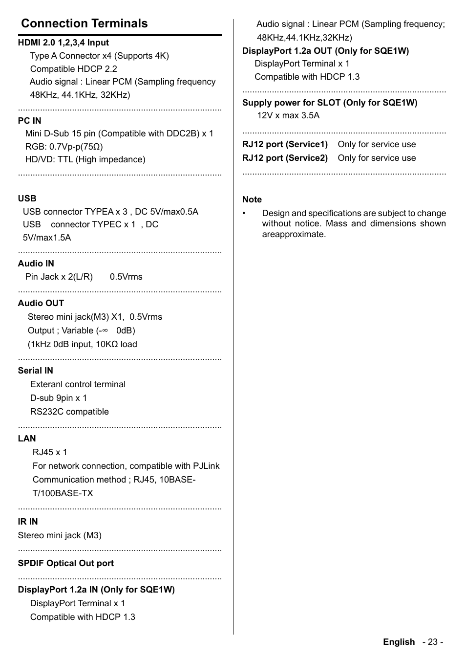 Connection terminals | Panasonic TH-86CQE1W 86" Class 4K UHD Commercial Monitor User Manual | Page 24 / 31