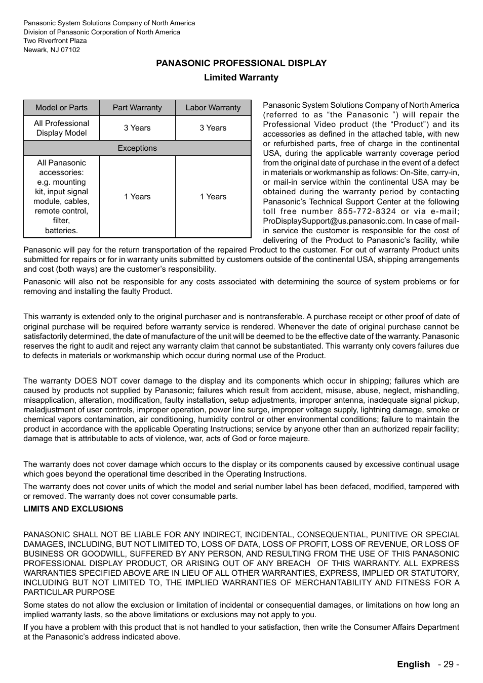 Panasonic TH-86CQE1W 86" Class 4K UHD Commercial Monitor User Manual | Page 30 / 31