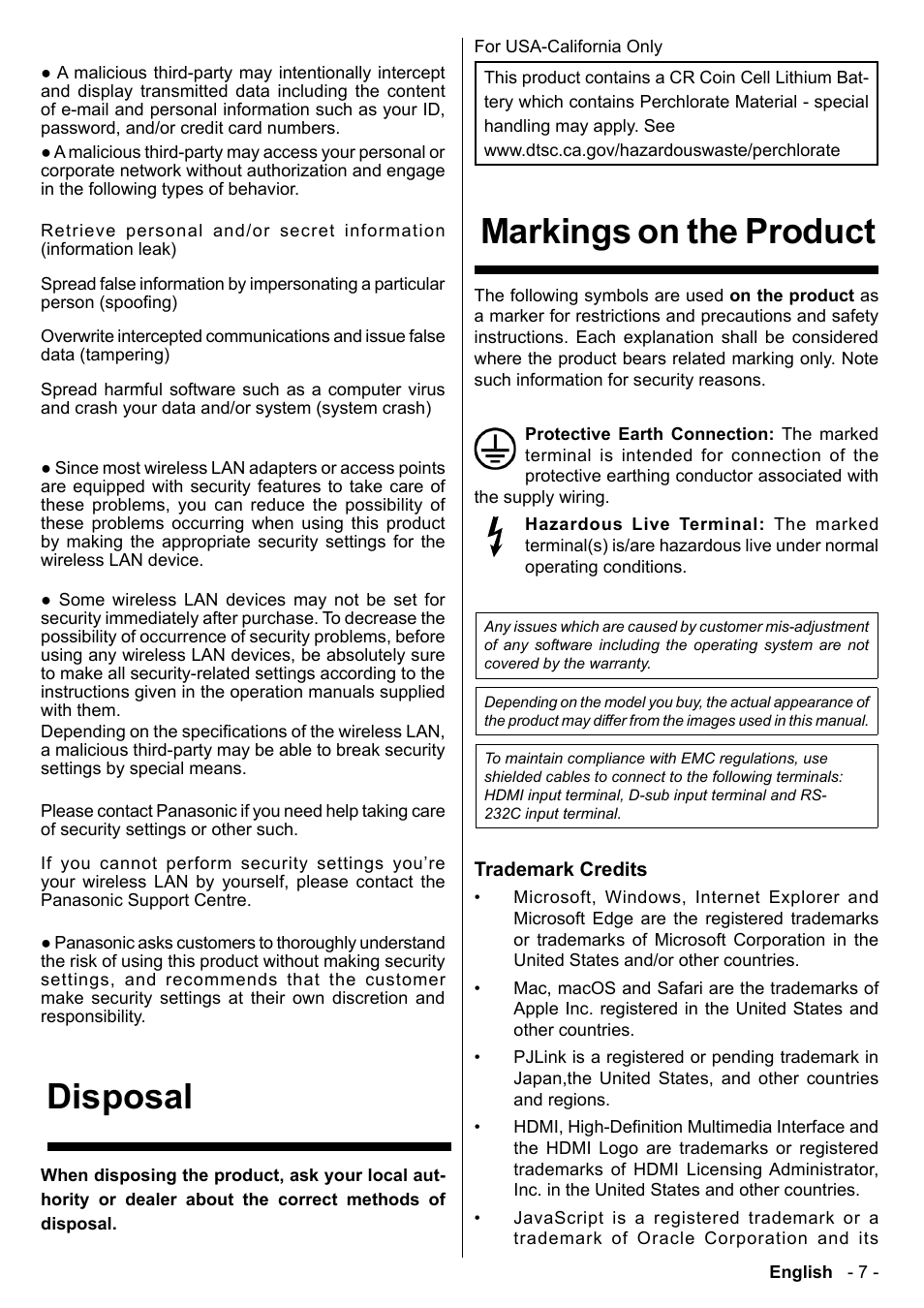 Disposal, Markings on the product | Panasonic TH-86CQE1W 86" Class 4K UHD Commercial Monitor User Manual | Page 8 / 31