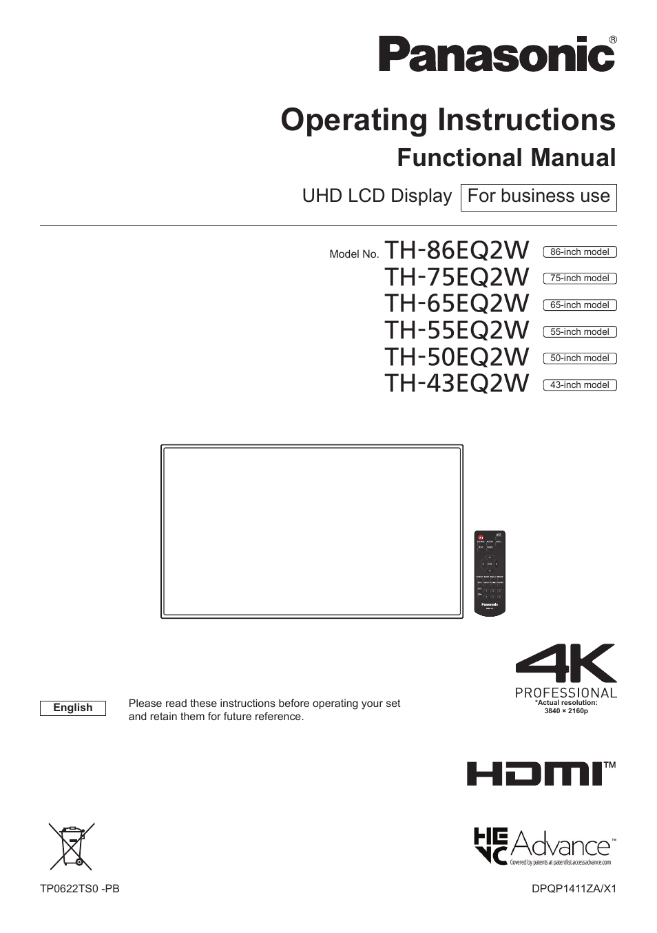 Panasonic TH-86EQ2W 85.6" 4K Digital Signage Display User Manual | 178 pages