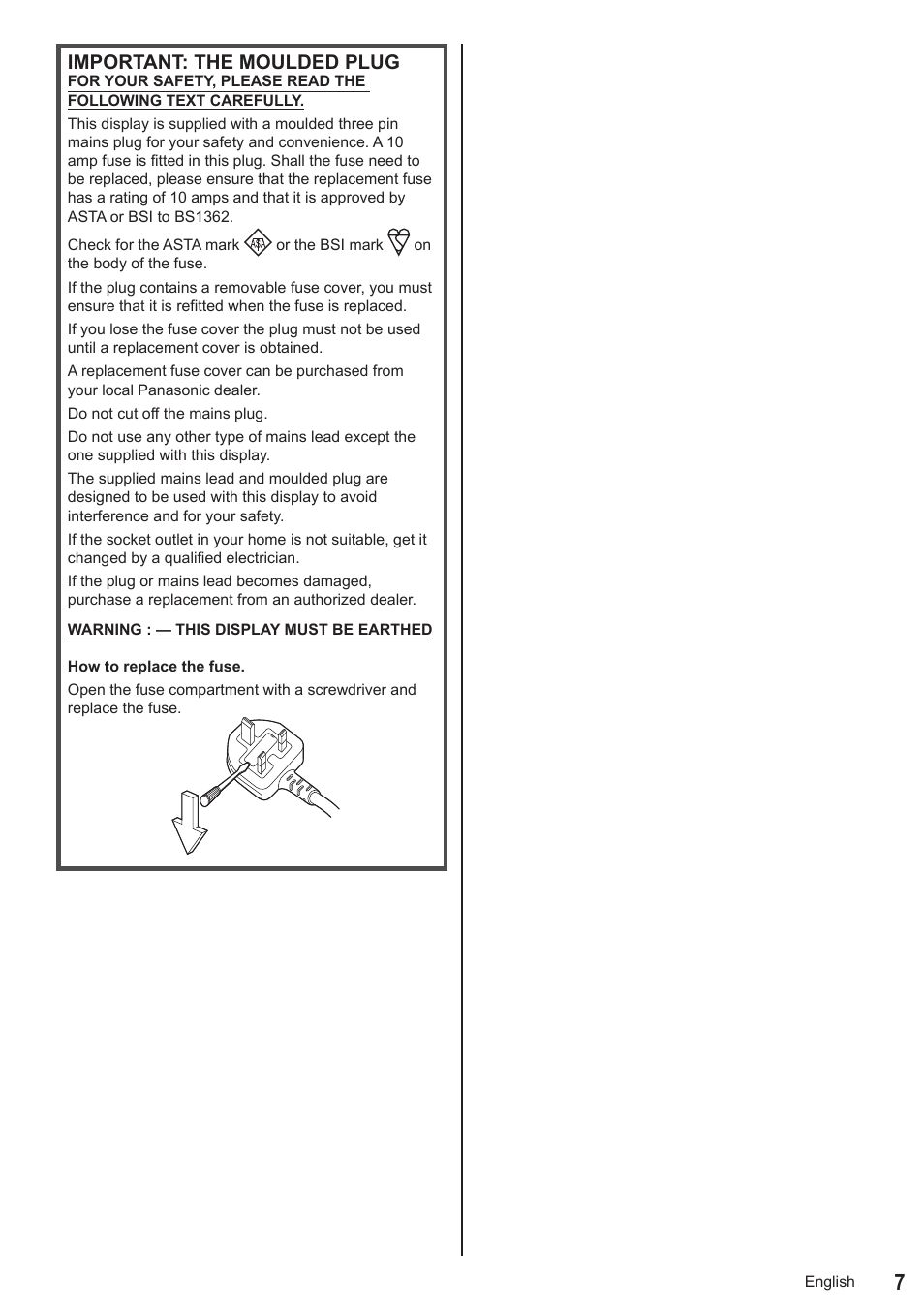 Important: the moulded plug | Panasonic TH-86EQ2W 85.6" 4K Digital Signage Display User Manual | Page 7 / 178