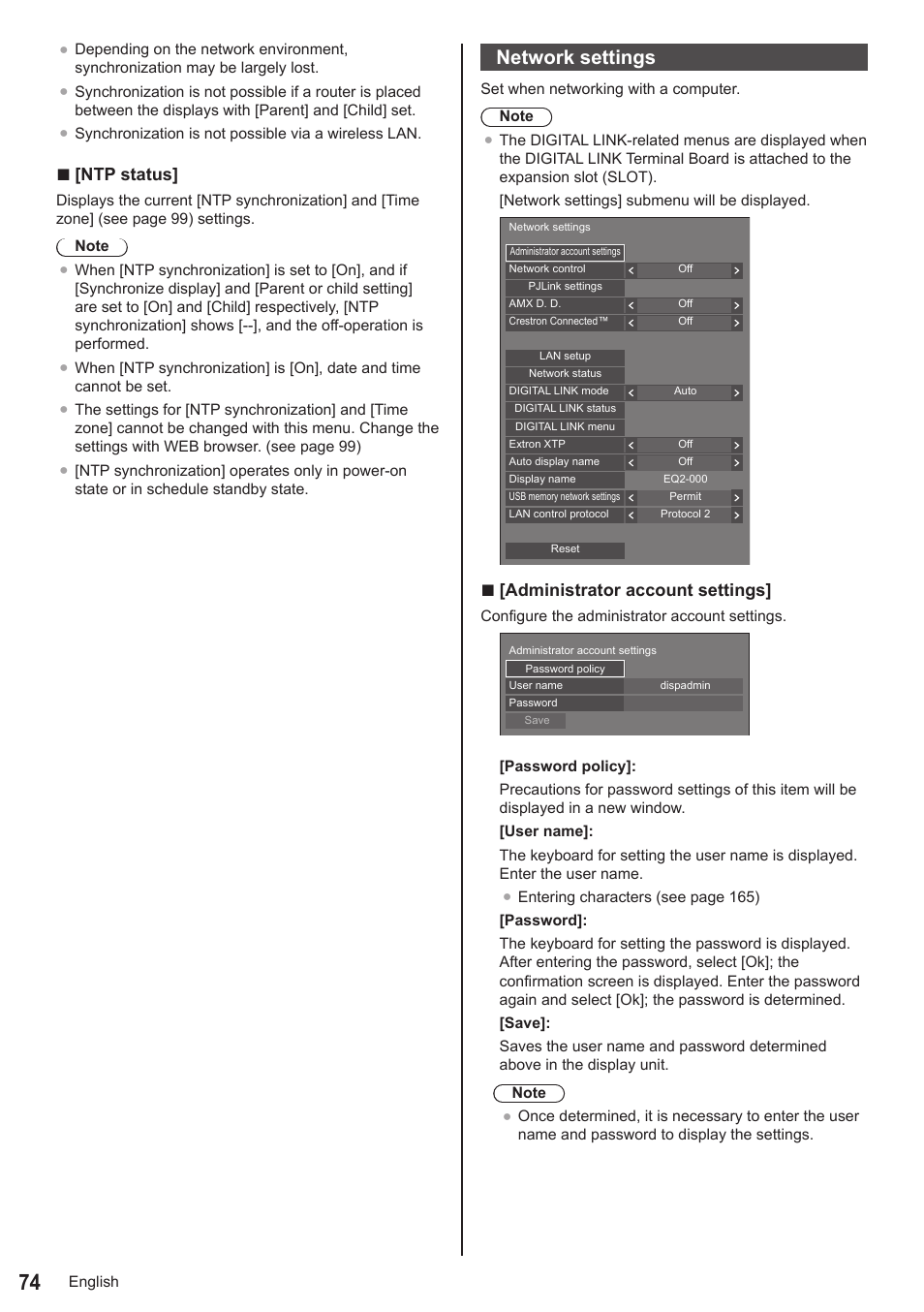 Network settings, Ntp status, Administrator account settings | Panasonic TH-86EQ2W 85.6" 4K Digital Signage Display User Manual | Page 74 / 178