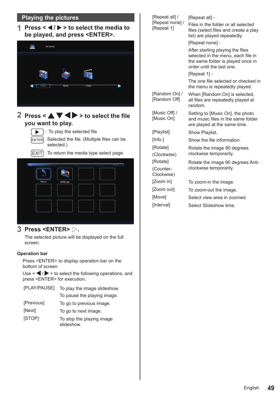 Playing the pictures, Press < > to select the file you want to play, Press <enter | Panasonic TH-65CQ2U 65" 4K LED Commercial Display User Manual | Page 49 / 58