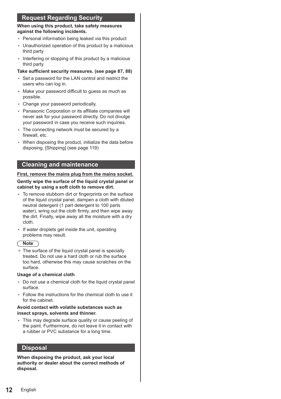 Request regarding security, Cleaning and maintenance, Disposal | Panasonic LinkRay 70" Class Full HD Commercial LED Display User Manual | Page 12 / 127