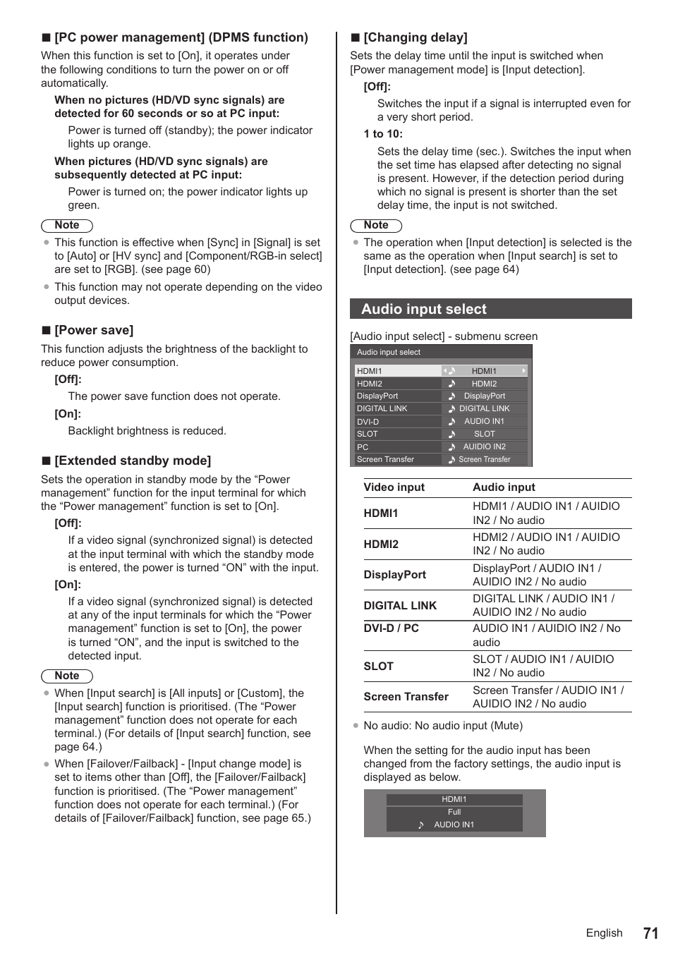 Audio input select | Panasonic TH-65SQ1WA 65" Class 4K HDR Commercial Monitor User Manual | Page 71 / 150