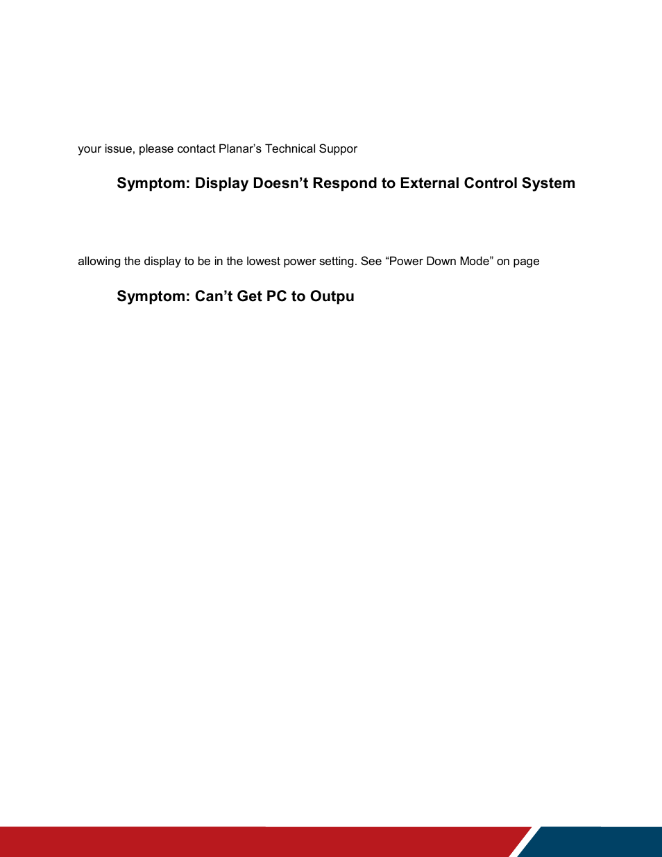 Symptoms, possible causes and solutions, Symptom: can’t get pc to output 4k @ 24/30/60 hz | Planar Systems UltraRes P Series 49" UHD 4K Commercial Monitor User Manual | Page 130 / 133