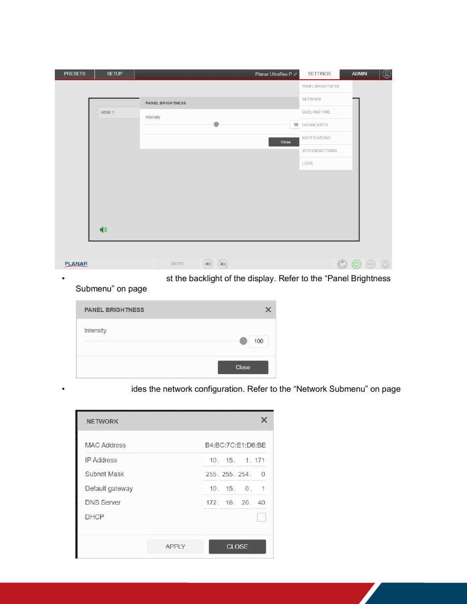 Settings | Planar Systems UltraRes P Series 49" UHD 4K Commercial Monitor User Manual | Page 88 / 133